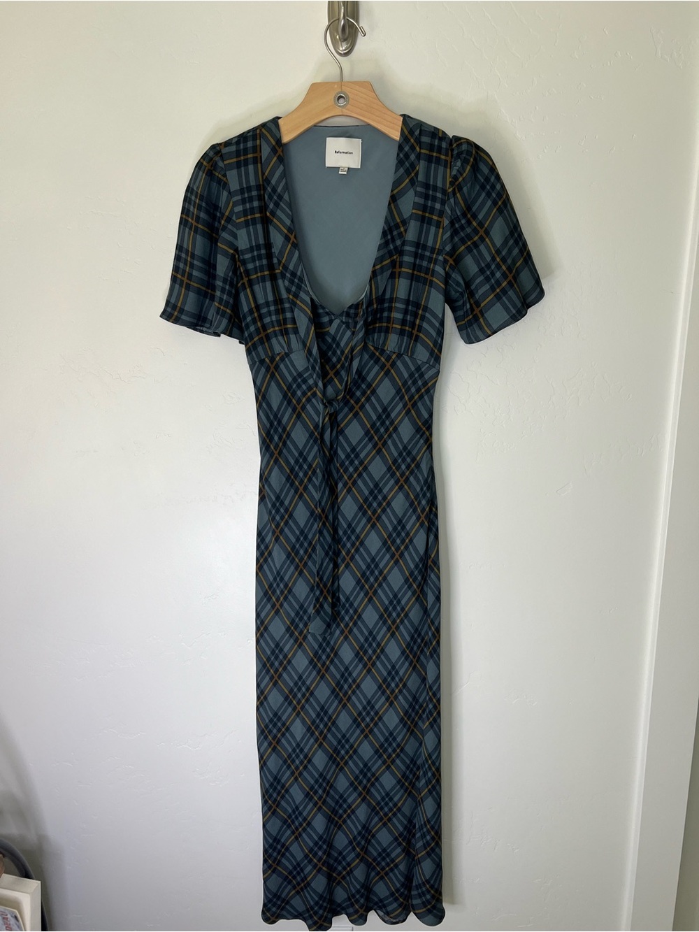 Reformation Plaid Tie-Front Tyra Short Sleeve V-Neck Midi Dress